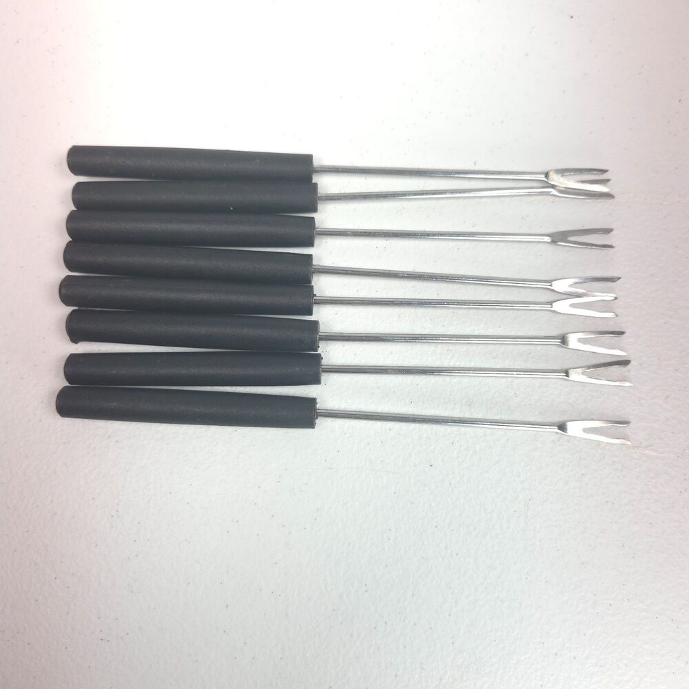 Set of 8 Vintage Fondue Forks Black Handles Stainless Steel 7 Inch